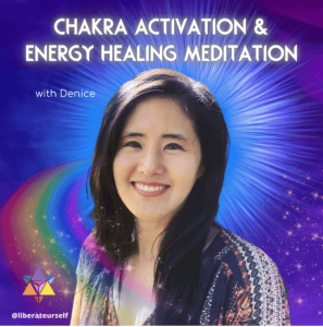 purple background with rainbow and an image of a lady smiling warmly. image reads: chakra activation and energy healing meditation with denice