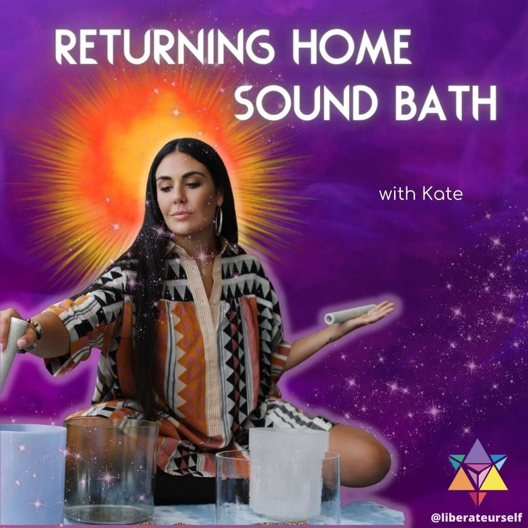 purple background with image of lady playing sound baths with a yellow/orange star halo behind her. image text reads: returning home sound bath with kate