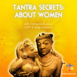 white and orange gradient background with statue couple in the middle. image reads: tantra secrets: about women