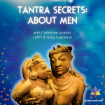 different tones of blue gradient background with statue couple in the middle. image reads: tantra secrets about men with catherine auman, LMFT and greg lawrence