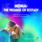 blue green and pink background with image of couple kissing. image reads: MDMA the promise of ecstasy
