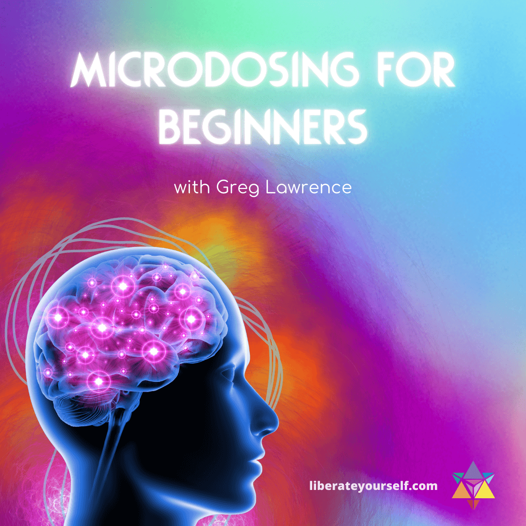 green/blue, purple gradient background with picture of a head from the side with a pink brain. image reads: microdosing for beginners with greg lawrence.
