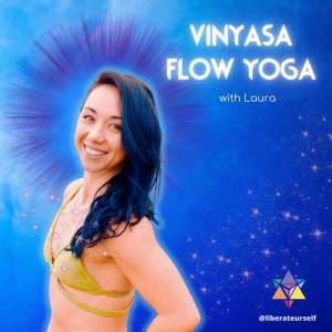 blue background with stars and image of woman smiling. text image reads: vinyasa flow yoga