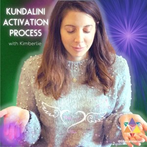 green, purple and pink background with image of lady with eyes closed and holding up the palms of her hands. image text reads: kundalini activation process with kimberlie