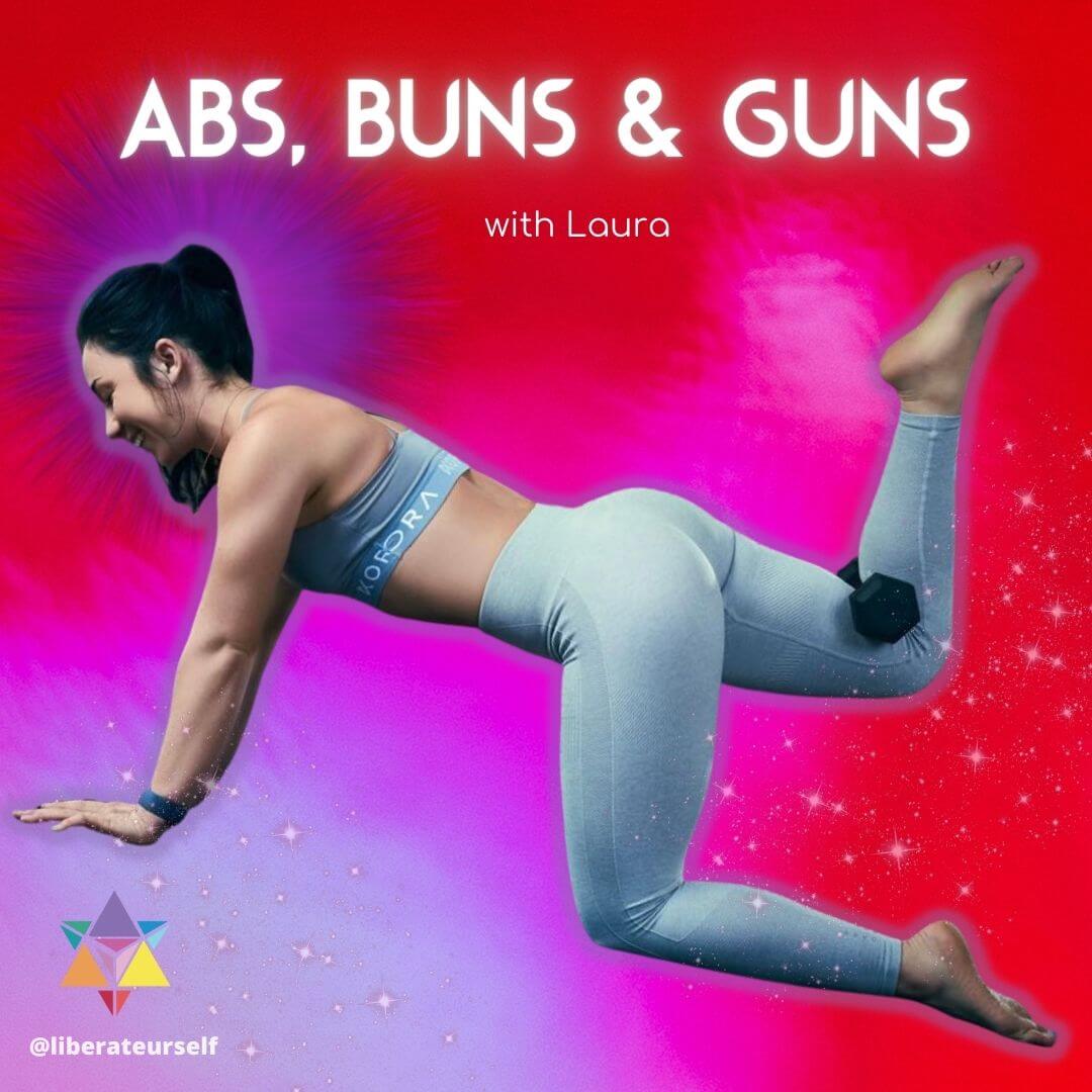 red and purple background with woman doing a pilates pose on the floor. image text reads: abs, buns and guns