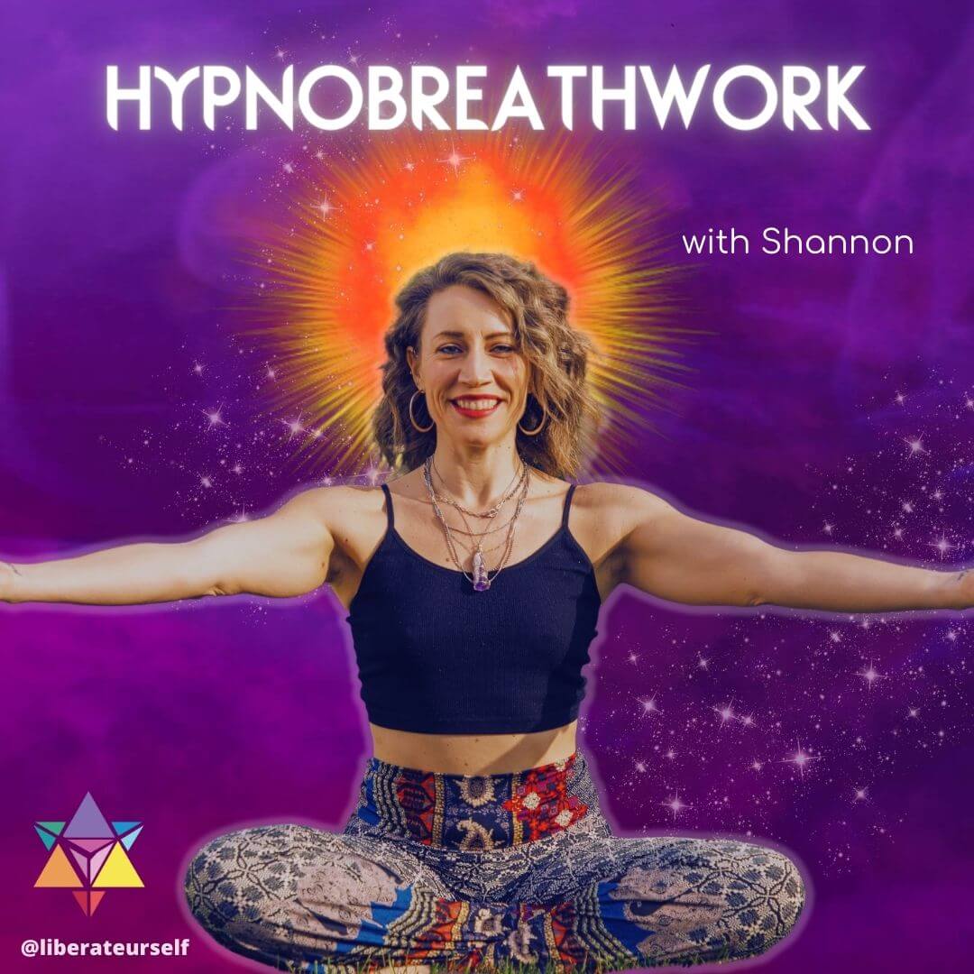purple background with woman holding out arm smiling sitting crosslegged with orange halo around her head. image text reads: hypnobreathwork with shannopn.