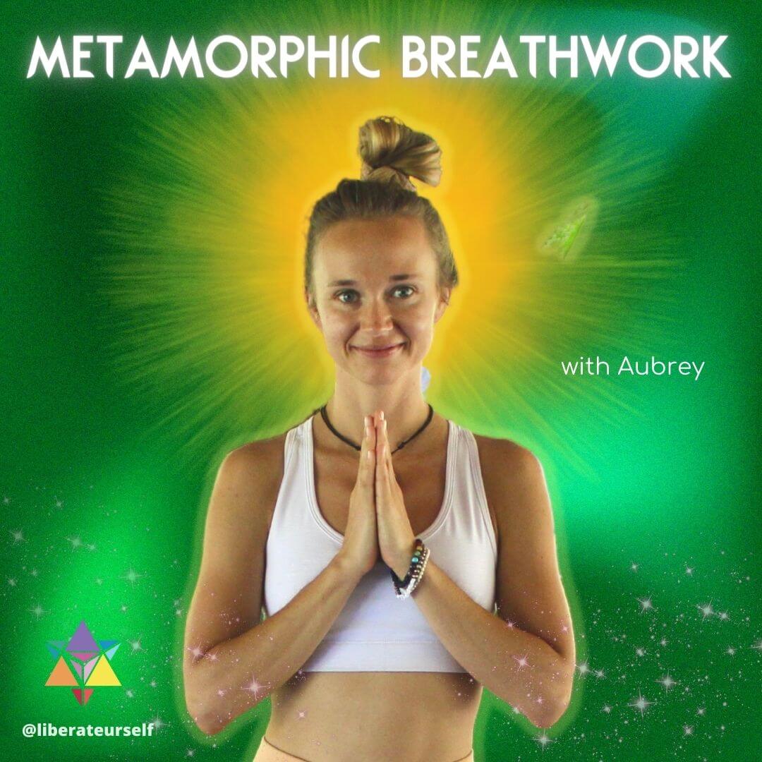 green background with stars and a woman smiling holding her palms of her hands together in front of her with a yellow halo around her head. image text reads: metamorphic breathwork