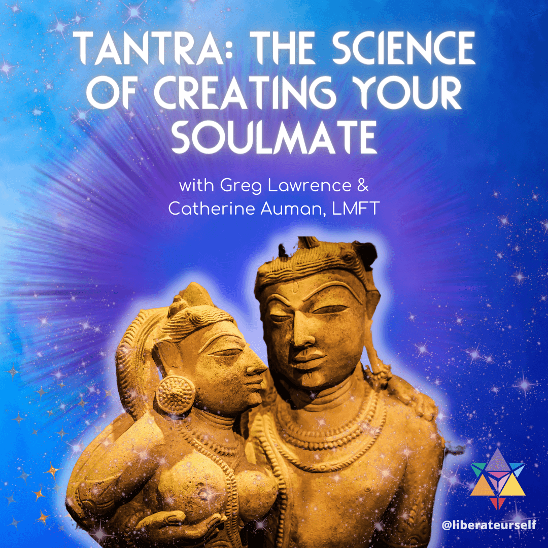 purple and blue background with statues as main image. image reads: tantra, the science of creating your soulmate with greg lawrence and catherine auman, lmft