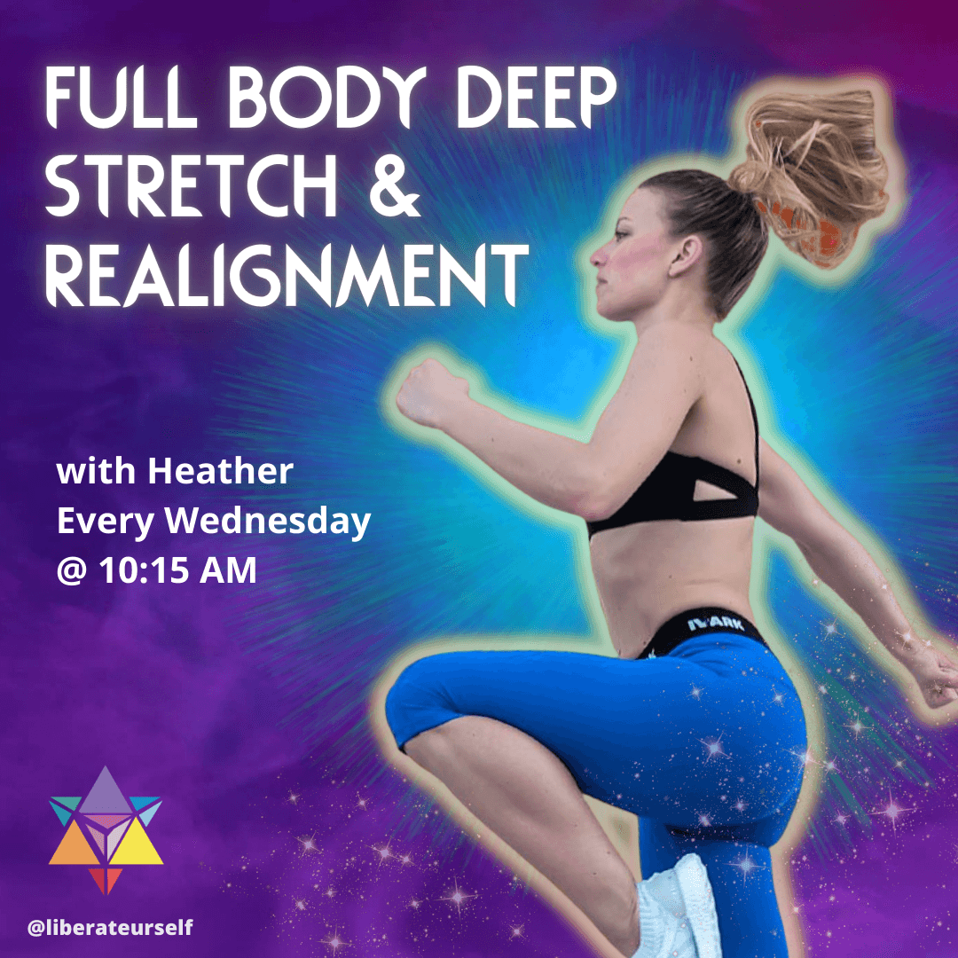 blue and purple background with image of lady running. image reads: full body deep stretch and realignment with heather, every wednesday at 10:15am