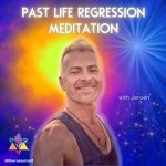 deep purple, orange and yellow background with image of man smiling. text image reads: past life regression meditation with jeroen