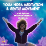 background image of blue and purple clouds, image of a lady smiling and staring up to the sky with open arms. image reads: yoga nidra meditation and gentle movement with syhaya. every wednesday at 6:30pm