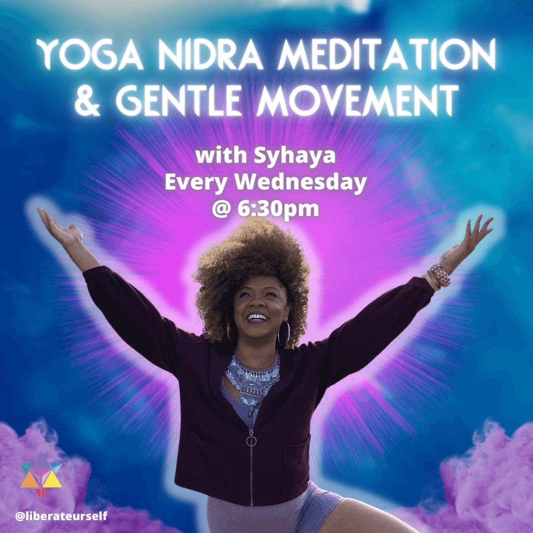 background image of blue and purple clouds, image of a lady smiling and staring up to the sky with open arms. image reads: yoga nidra meditation and gentle movement with syhaya. every wednesday at 6:30pm