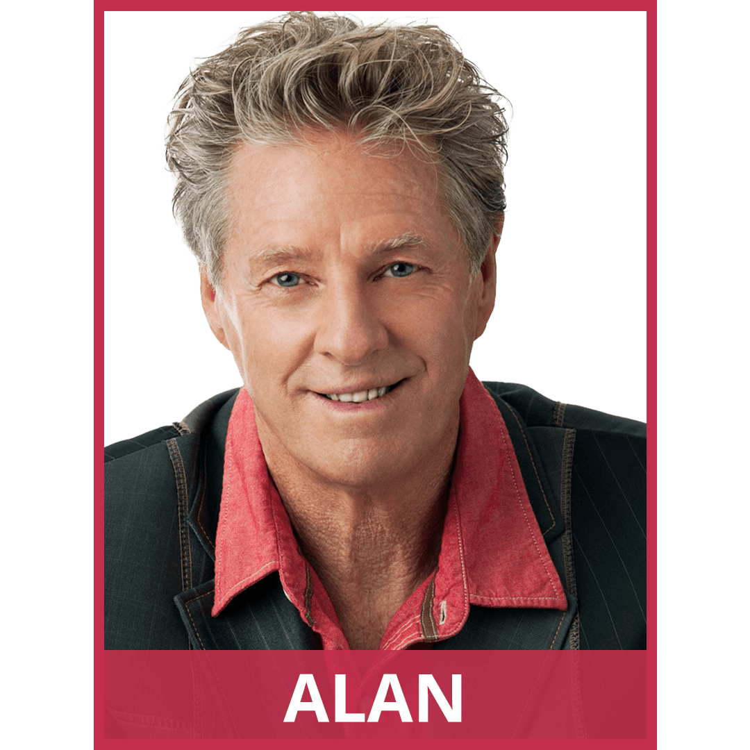 man softly smiling. image has red border. text at the bottom of the image reads: Alan