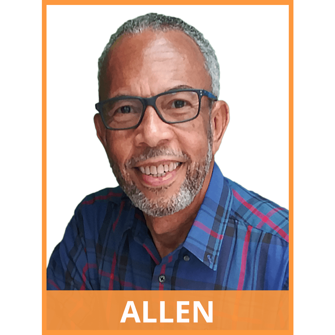 image of man smiling. border of the image is orange. text at the bottom of the image reads: Allen
