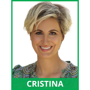 image of a white woman with short blonde hair smiling. image has green borders. Text at the bottom of the image reads: Cristina