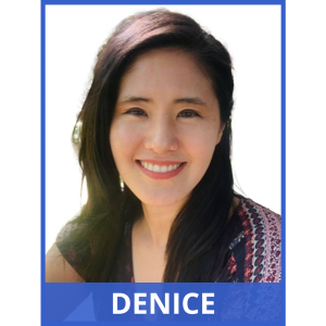 image of an Asian woman smiling. border of the image is blue. text at the bottom of the image reads: Denice