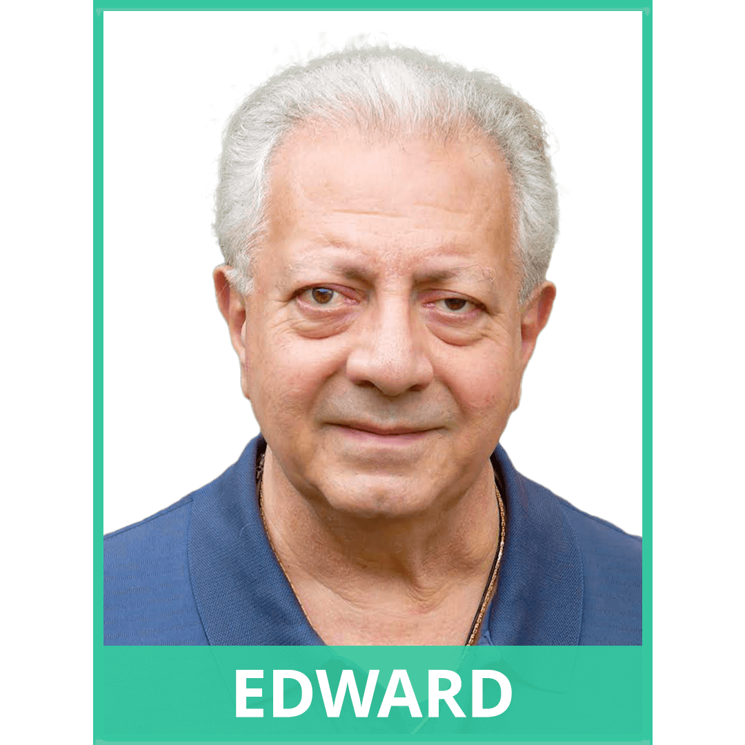 image of an elderly Armenian man. border of image is teal. text at the bottom of the image reads: Edward