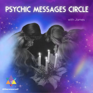 purple and blue background with rainbow. image of a group of people gathered around a table with candles and their hands are in the center with their heads down. image text reads: psychic messages circle with james
