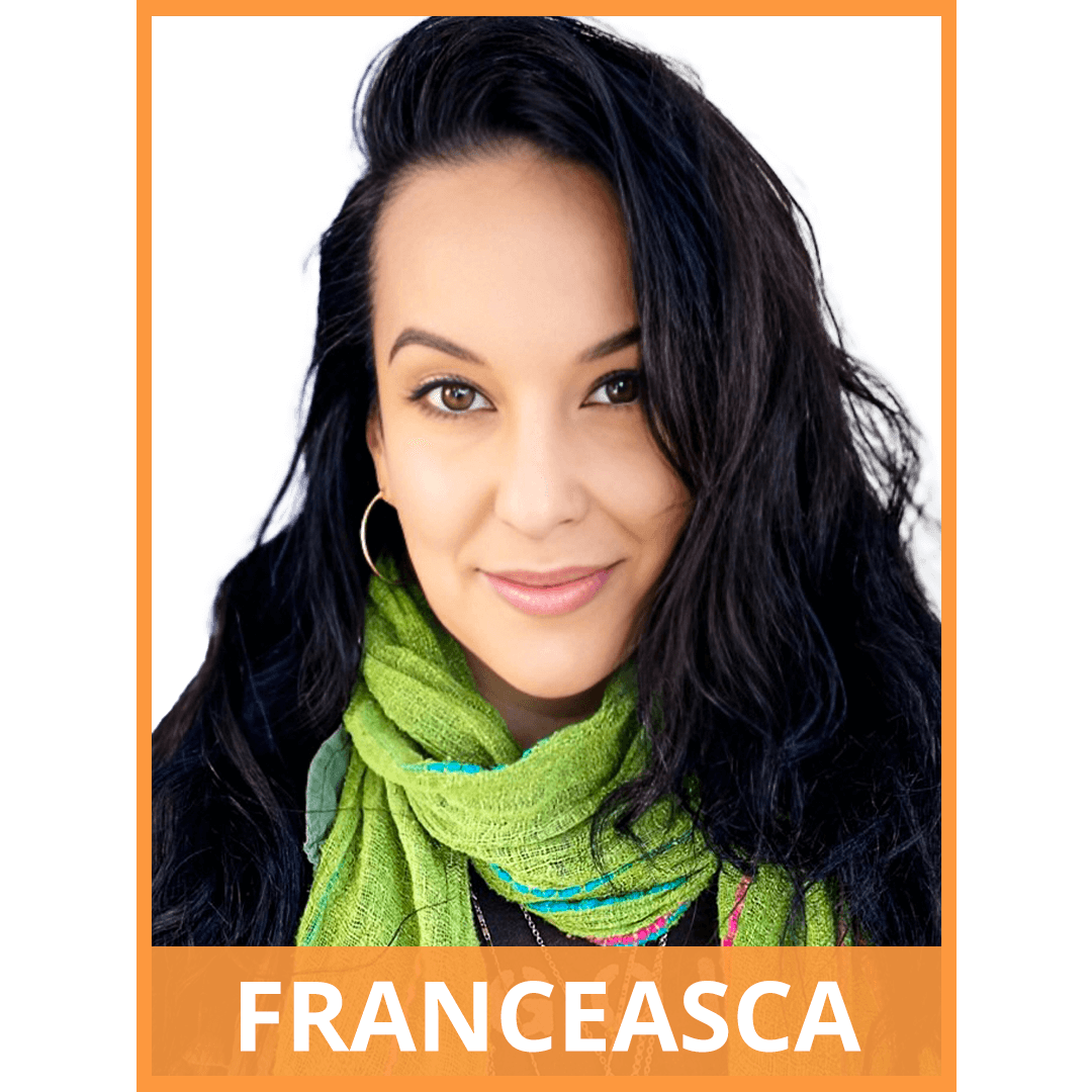 image of a mixed race woman with long black hair, softly smiling. border of the image is orange. text at the bottom of the image reads: franceasca