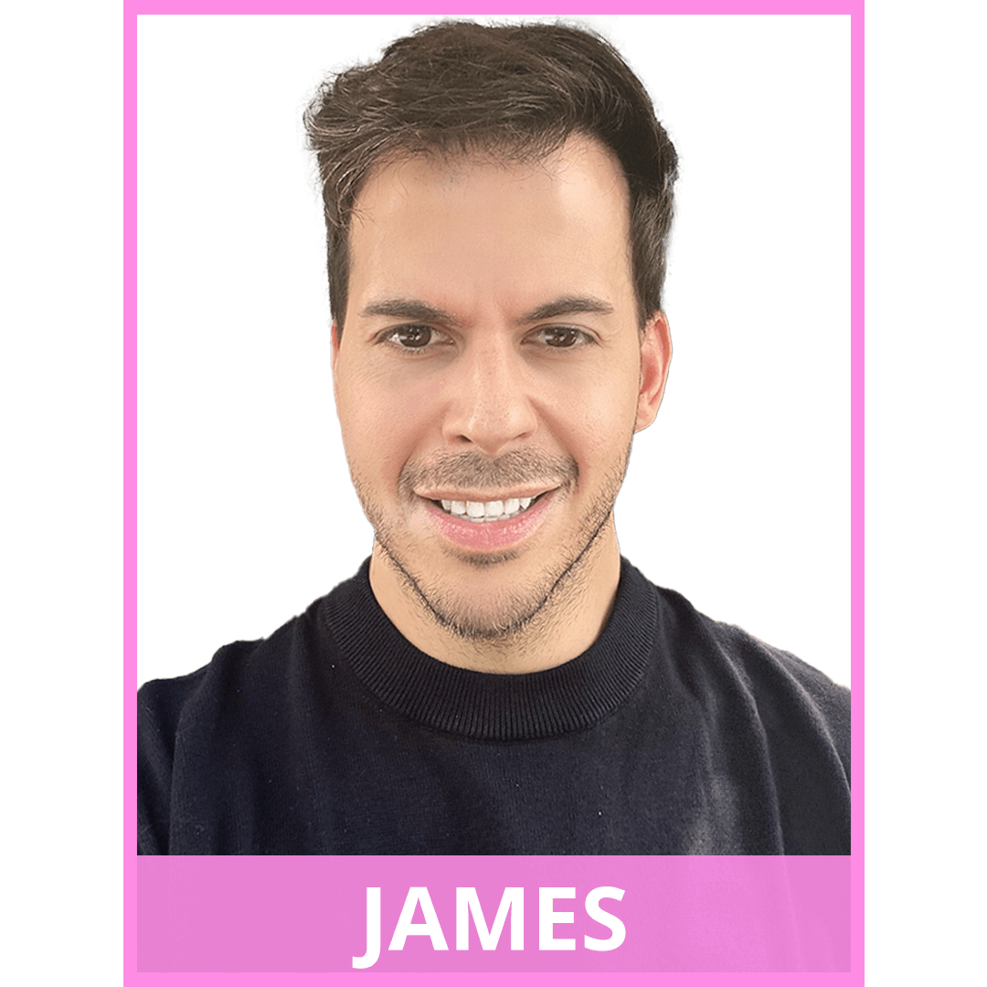 image of an Italian man with short brown hair and stubble smiling. image has a pink border. text at the bottom of the image reads: James