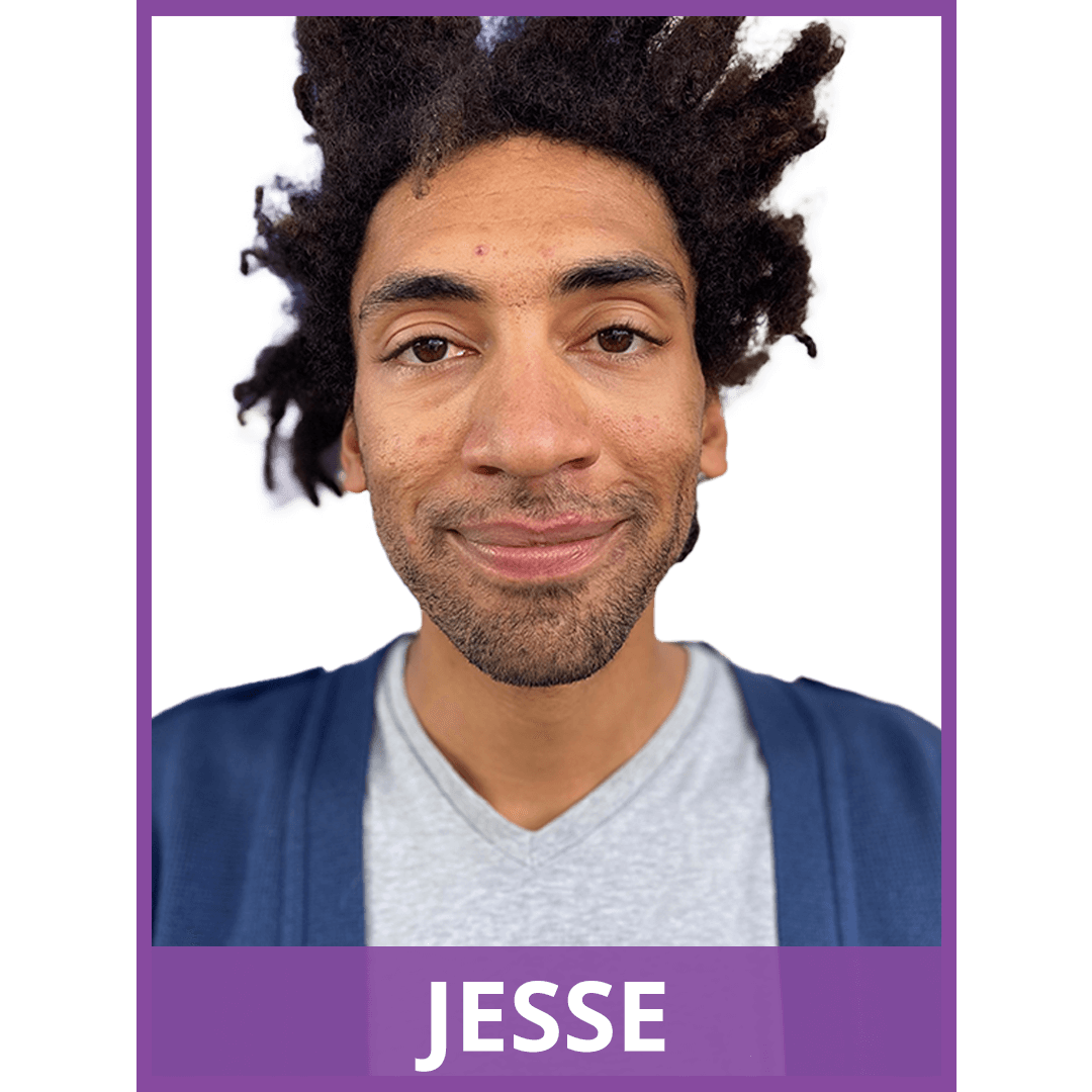 image of man softly smiling. border of the picture is purple. text at the bottom of the picture reads: Jesse