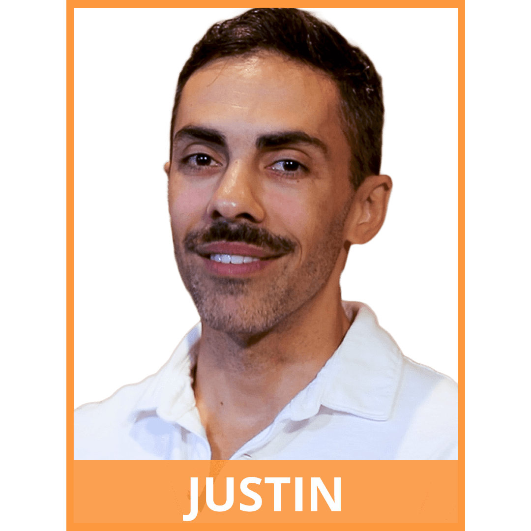 image of man softly smiling. border of image is orange. text at the bottom of the image reads: Justin