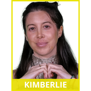 image of woman softly smiling. border of image is yellow. text at the bottom of the image reads: Kimberlie