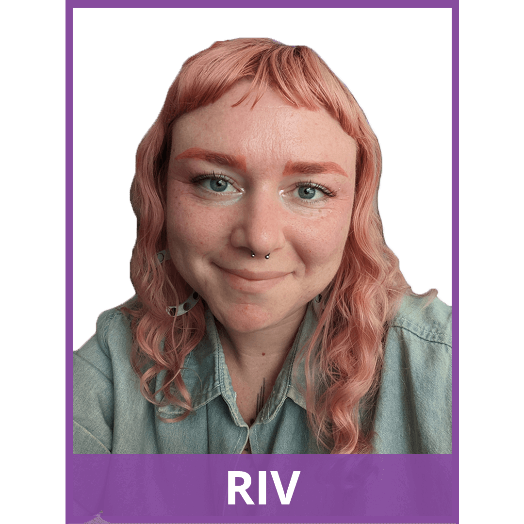 photo of person softly smiling. image has purple border. text at the bottom of the image reads: Riv