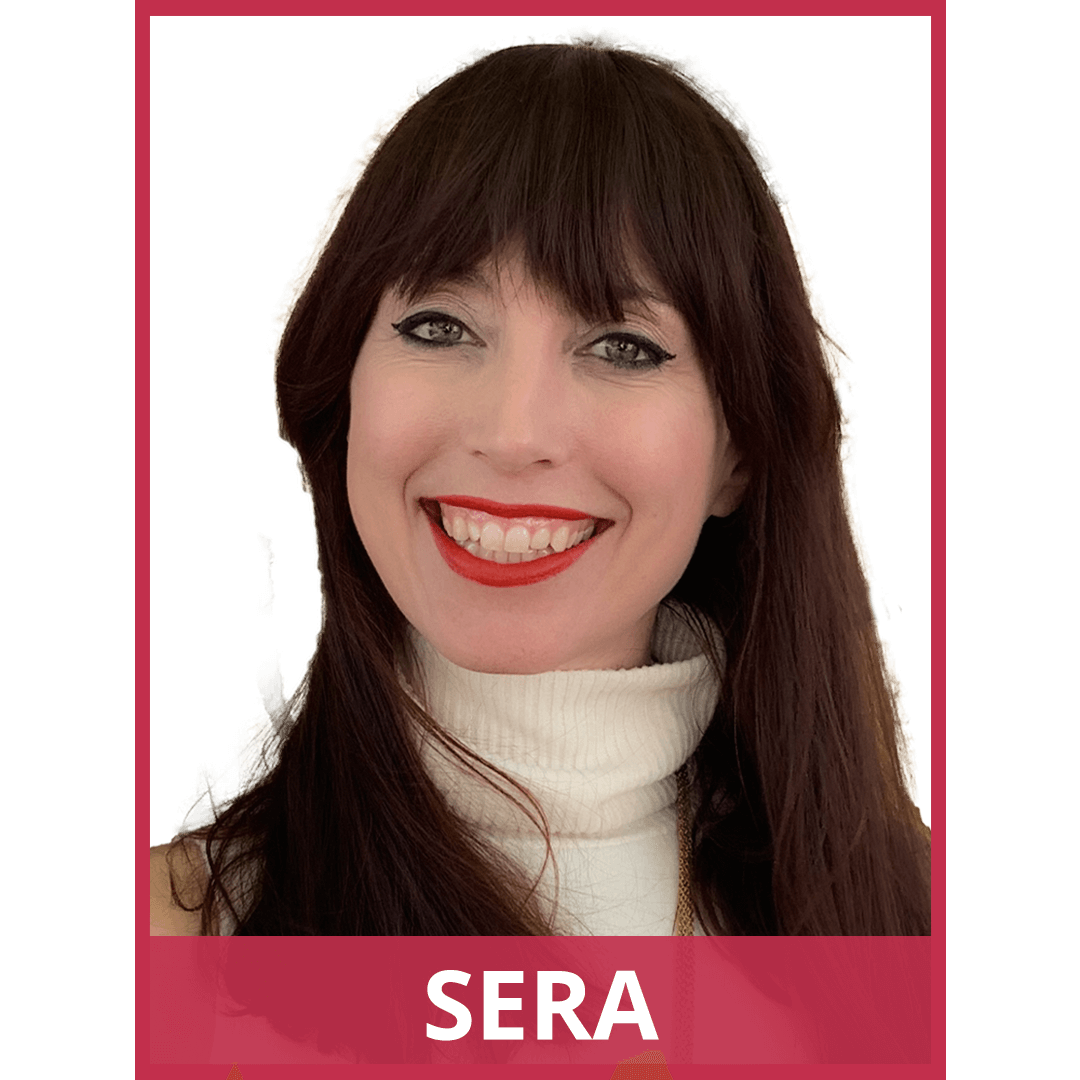 image of woman smiling widely. image has red border. text at the bottom of the image reads: Sera