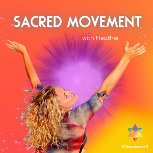 yellow/orange and purple background with image of lady holding out her arms to the sky and smiling looking up. image text reads: ecstatic dance and sacred movement