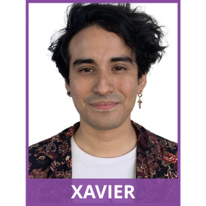 image of man. image has purple border. text at the bottom of the image reads: Xavier
