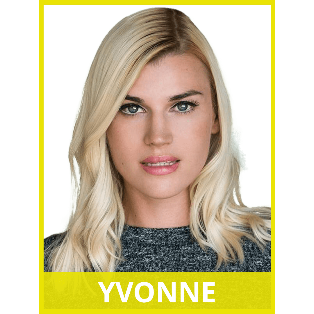 image of blonde woman. image has yellow border. text image at the bottom reads: Yvonne