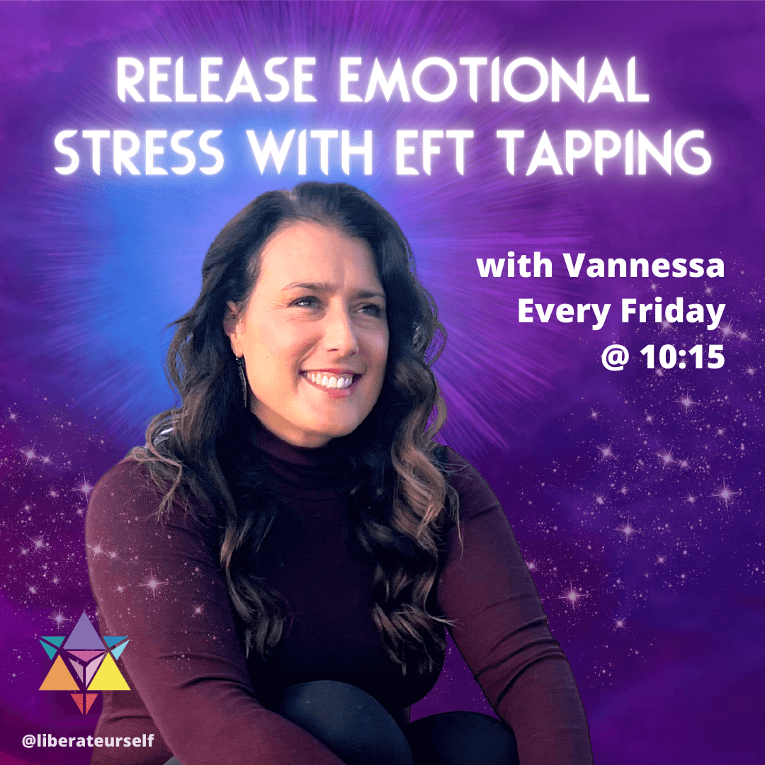 background of purple and blue starts and sparkles. image of lady smiling staring off at the horizon. image reads: release emotional stress with eft tapping with vannessa, every friday at 10:15am