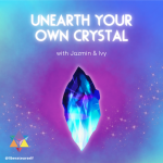 purple, pink and blue background with image of an amethyst crystal. image reads: unearth your own crystal