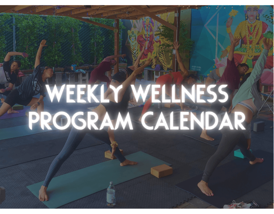 image of people doing yoga. text on top of image reads: weekly wellness program calendar