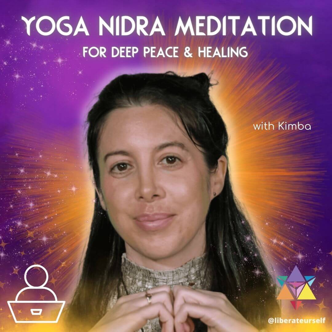 purple and yellow background. image of woman softly smiling. image text reads: yoga nidra meditation for deep peace and healing with Kimba