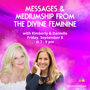 pink background with iamge of two ladies smiling. image reads: messages and mediumship from the divine feminine with kimberly and danielle on friday, september 9th from 7 to 9pm