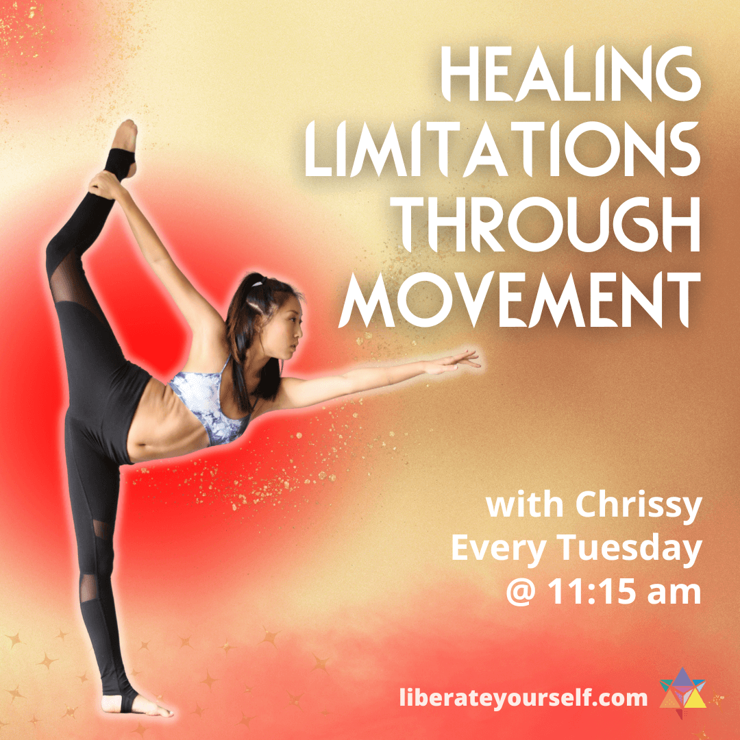 beige and red background with lady doing a yoga pose. image reads: healing limitations through movement with chrissy. every tuesday at 11:15am