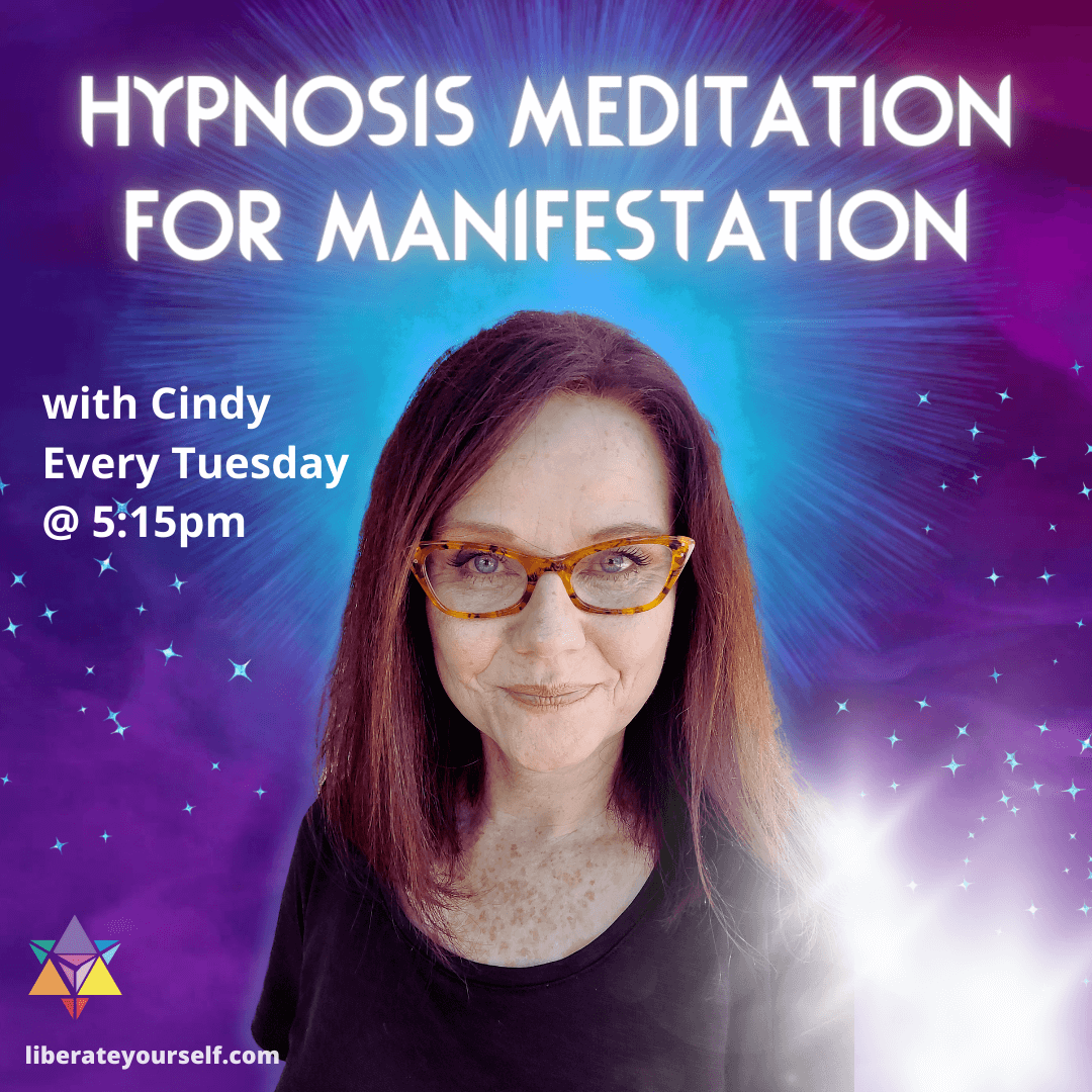 purple and blue background with white starts with lady smiling in the center. image reads: hypnosis meditation for manifestation with cindy. every tuesday at 5:15pm