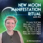 black and green background with stars and person image smiling in front. image reads: new moon manifestation ritual with riv