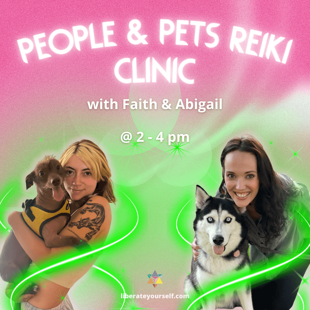 Pink & Green swirly background with two ladies holding her dogs. Image reads: People & pets reiki clinic with faith and abigail at 2 to 4pm