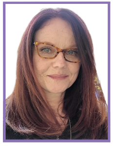 image of a woman with glasses softly smiling. image has a purple border