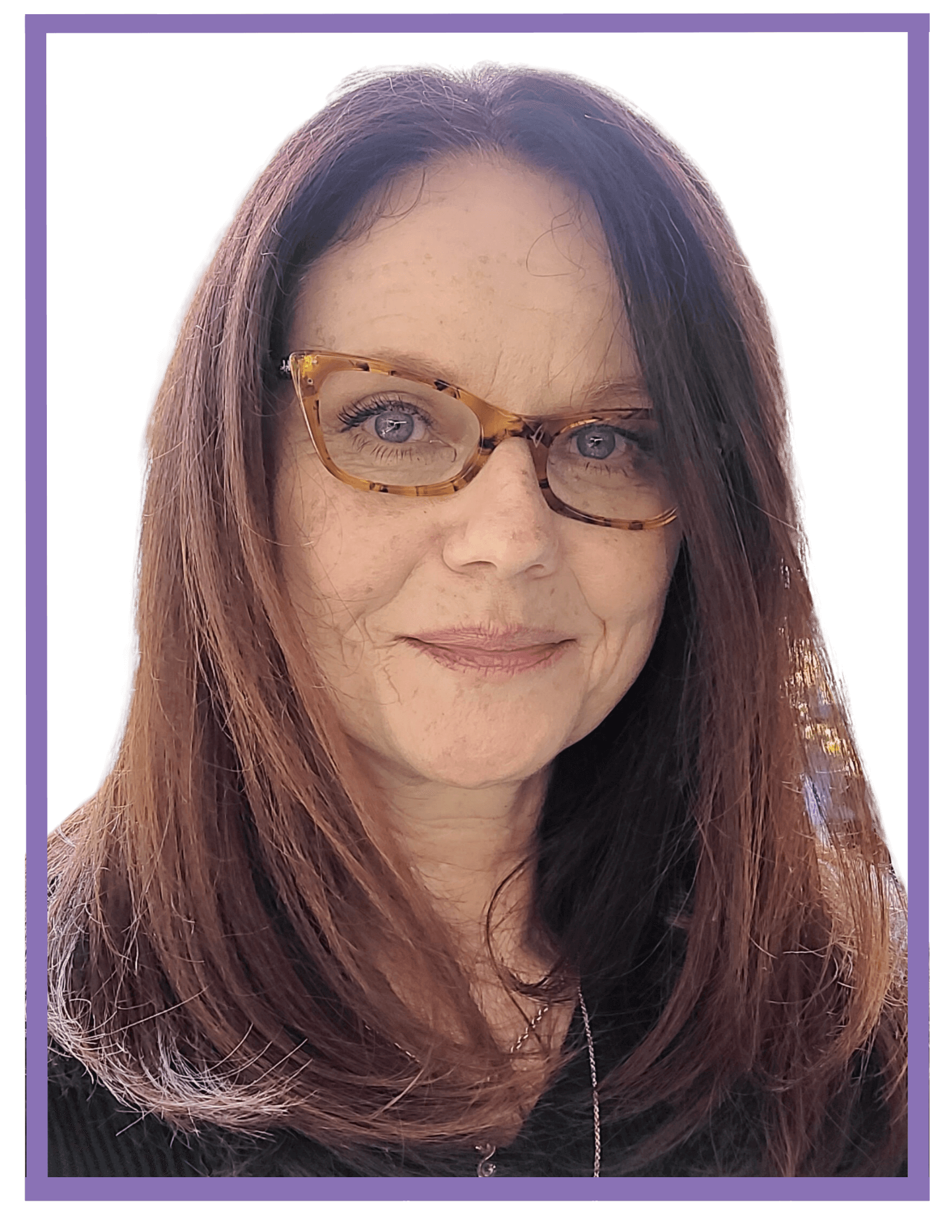image of a woman with glasses softly smiling. image has a purple border