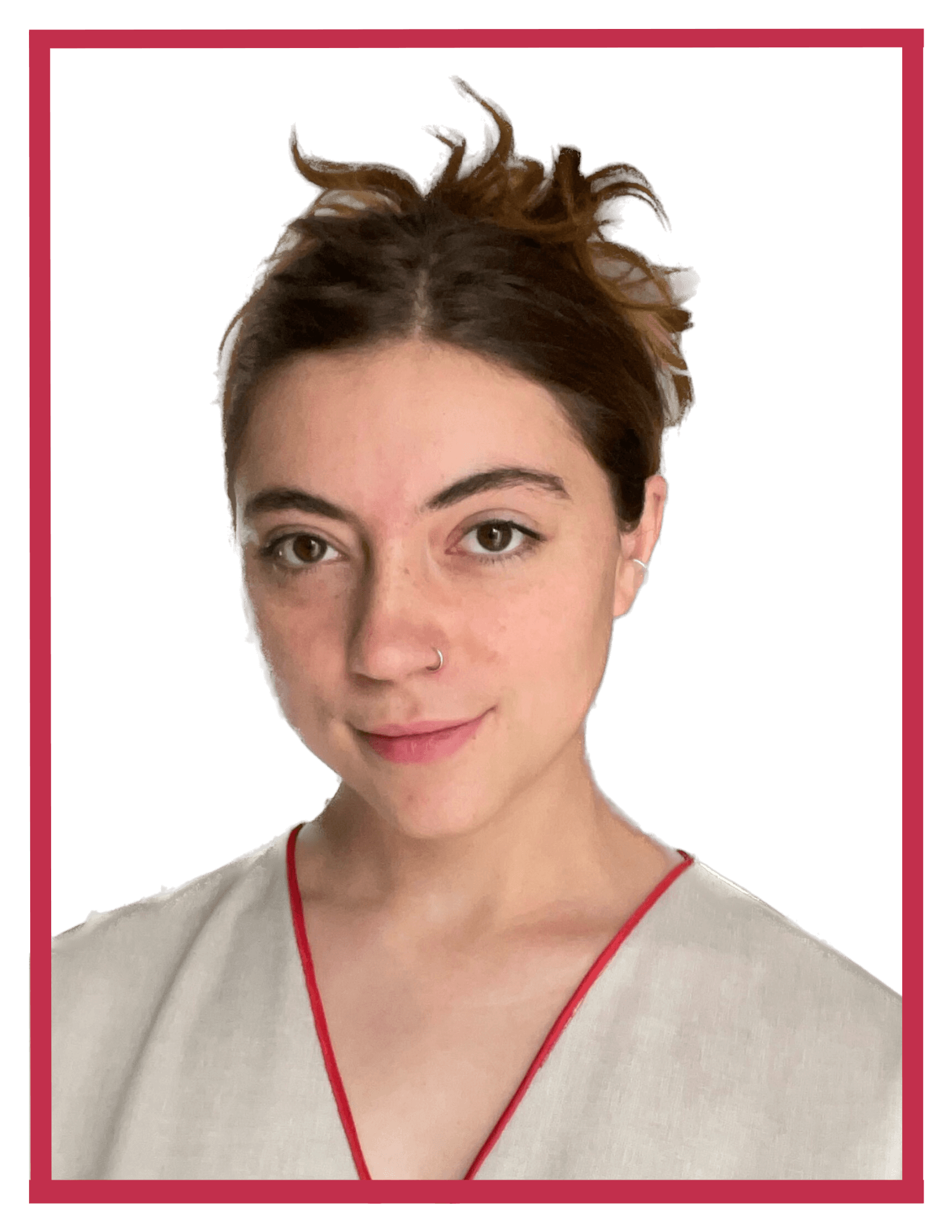 image of a woman with a red border, with a soft smile with her hair up in a beige shirt