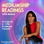 background image of pink, blue and purple swirls with image of a lady smiling wearing a red top and black jeans. Image reads: Mediumshop readings with manna online
