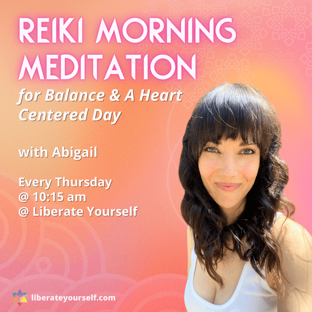 peach gradient color background with picture of lady softly smiling. image reads: reiki morning meditation for balance and a heart centered day with abigail. every thursday at 10:15am at liberate yourself